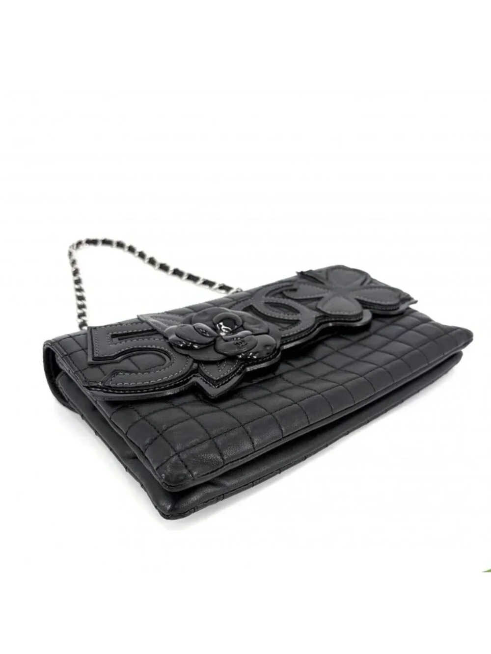 Chanel Shoulder Bag Icon Chocolate Mini Chain CC Logo Camellia Lambskin Black